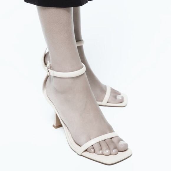 Zara White Cream Leather Ankle Heel Buckle Square Toe Heels Sandals 42 Straps 11 - Picture 3 of 14